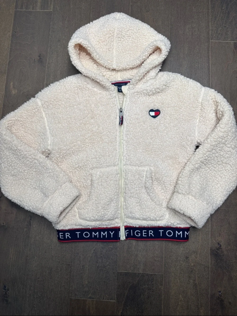 Tommy Hilfiger Girls Sherpa Fleece Hoodie Cream Full Zip Jacket Size M
